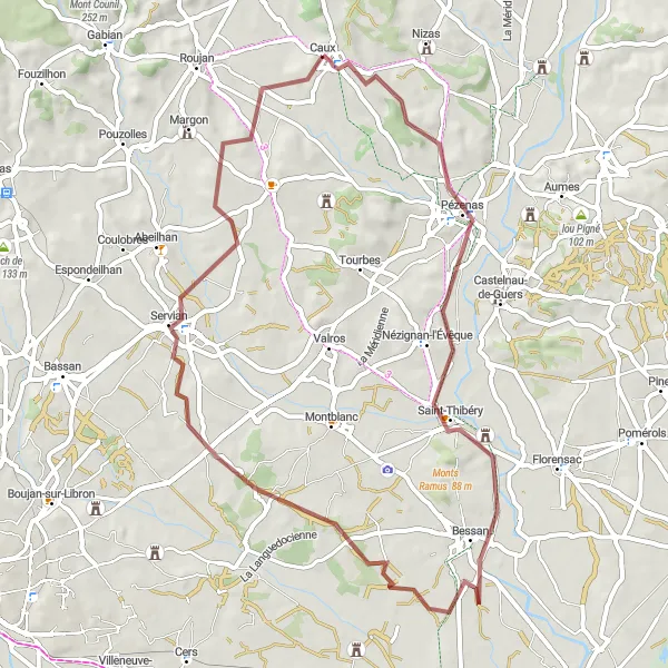 Miniature de la carte de l'inspiration cycliste "Circuit pittoresque de Caux" dans la Languedoc-Roussillon, France. Générée par le planificateur d'itinéraire cycliste Tarmacs.app
