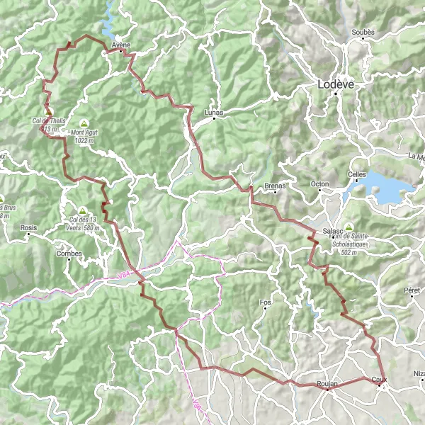 Miniature de la carte de l'inspiration cycliste "Les Collines de L'Orb" dans la Languedoc-Roussillon, France. Générée par le planificateur d'itinéraire cycliste Tarmacs.app