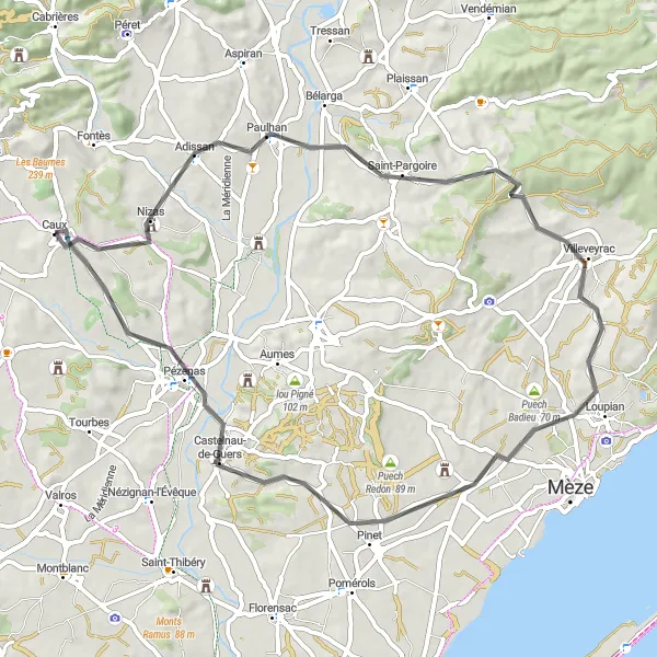 Miniature de la carte de l'inspiration cycliste "Escapade en Terroir" dans la Languedoc-Roussillon, France. Générée par le planificateur d'itinéraire cycliste Tarmacs.app