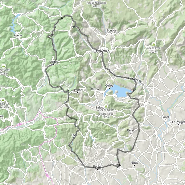 Map miniature of "Road Cycling from Caux to Fontès and Back" cycling inspiration in Languedoc-Roussillon, France. Generated by Tarmacs.app cycling route planner