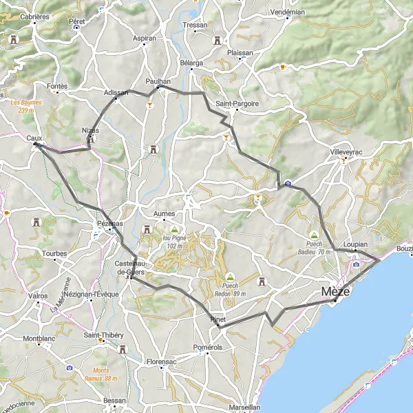 Miniature de la carte de l'inspiration cycliste "Parcours côtier de Mauguio" dans la Languedoc-Roussillon, France. Générée par le planificateur d'itinéraire cycliste Tarmacs.app