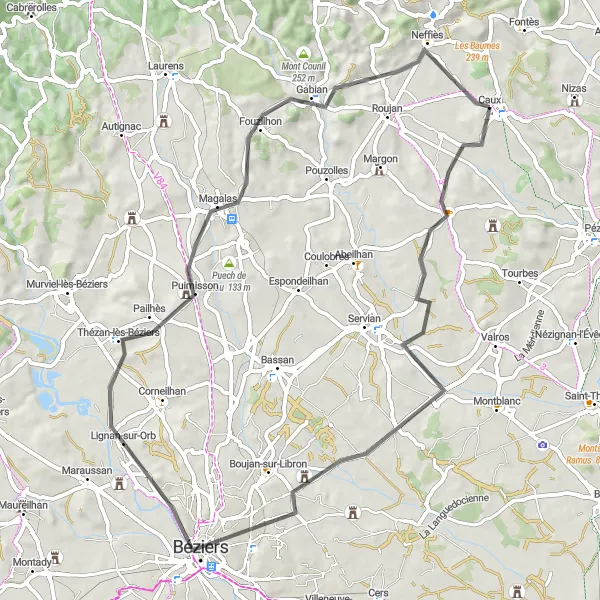 Miniature de la carte de l'inspiration cycliste "Les Vignobles du Languedoc" dans la Languedoc-Roussillon, France. Générée par le planificateur d'itinéraire cycliste Tarmacs.app