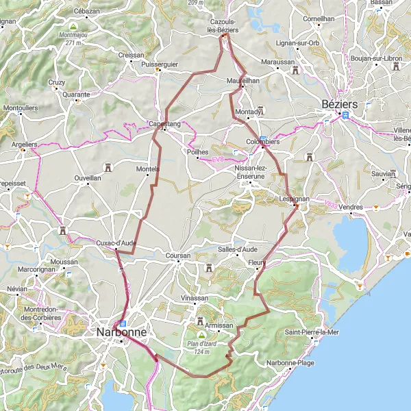 Map miniature of "Exploring the Gravel Paths near Cazouls-lès-Béziers" cycling inspiration in Languedoc-Roussillon, France. Generated by Tarmacs.app cycling route planner