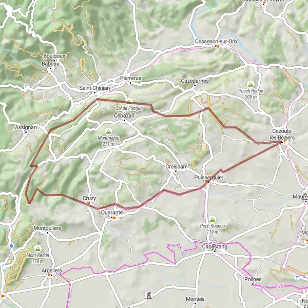 Miniature de la carte de l'inspiration cycliste "Les collines de l'Hérault en Gravel" dans la Languedoc-Roussillon, France. Générée par le planificateur d'itinéraire cycliste Tarmacs.app