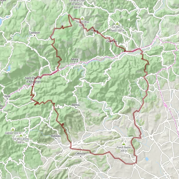 Miniature de la carte de l'inspiration cycliste "Grande Boucle de l'Espinouse" dans la Languedoc-Roussillon, France. Générée par le planificateur d'itinéraire cycliste Tarmacs.app