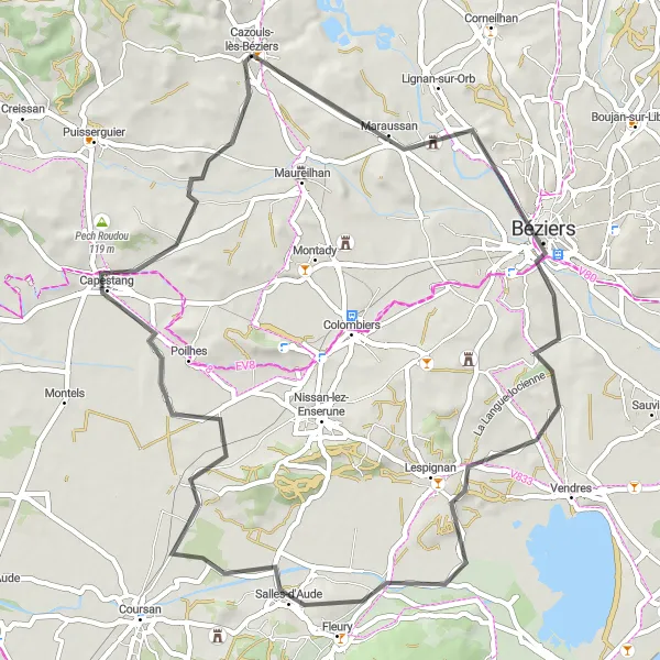 Miniature de la carte de l'inspiration cycliste "Route des Châteaux du Canal du Midi" dans la Languedoc-Roussillon, France. Générée par le planificateur d'itinéraire cycliste Tarmacs.app