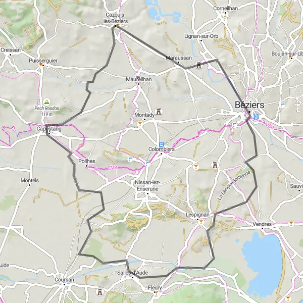 Map miniature of "Scenic Road Cycling Tour from Cazouls-lès-Béziers" cycling inspiration in Languedoc-Roussillon, France. Generated by Tarmacs.app cycling route planner