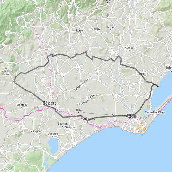 Miniature de la carte de l'inspiration cycliste "Le Pays de Béziers en Boucle" dans la Languedoc-Roussillon, France. Générée par le planificateur d'itinéraire cycliste Tarmacs.app