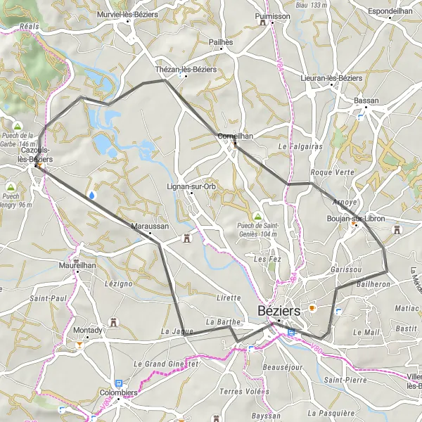 Map miniature of "Road Cycling Tour around Cazouls-lès-Béziers" cycling inspiration in Languedoc-Roussillon, France. Generated by Tarmacs.app cycling route planner