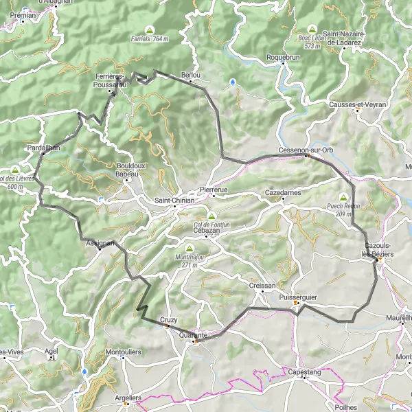 Miniature de la carte de l'inspiration cycliste "Les montagnes de Languedoc en Route" dans la Languedoc-Roussillon, France. Générée par le planificateur d'itinéraire cycliste Tarmacs.app