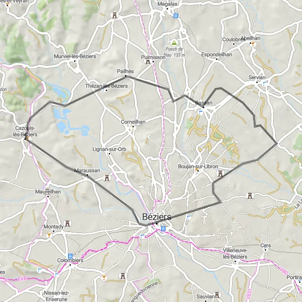 Miniature de la carte de l'inspiration cycliste "Les villages du Biterrois en Route" dans la Languedoc-Roussillon, France. Générée par le planificateur d'itinéraire cycliste Tarmacs.app