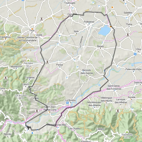 Miniature de la carte de l'inspiration cycliste "Le Circuit des Vallées Catalanes" dans la Languedoc-Roussillon, France. Générée par le planificateur d'itinéraire cycliste Tarmacs.app