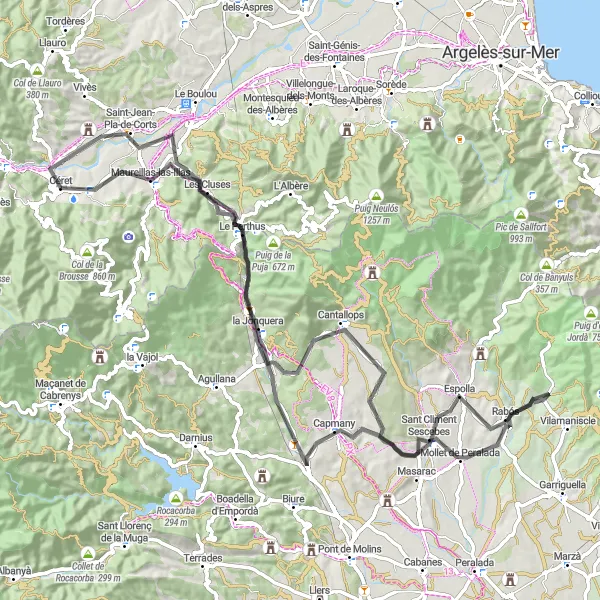 Miniature de la carte de l'inspiration cycliste "Céret - Les Cluses - Le Perthus - Capmany - Saint-Jean-Pla-de-Corts" dans la Languedoc-Roussillon, France. Générée par le planificateur d'itinéraire cycliste Tarmacs.app