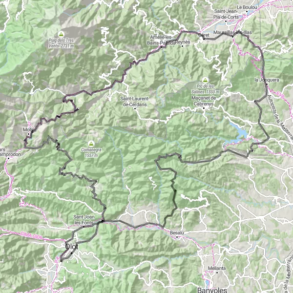 Map miniature of "Ultimate Road Cycling Challenge to Céret" cycling inspiration in Languedoc-Roussillon, France. Generated by Tarmacs.app cycling route planner