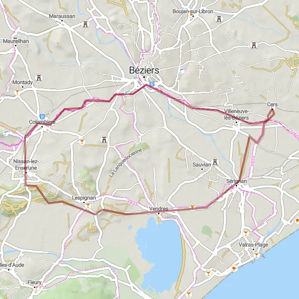 Map miniature of "Sérignan to Béziers Gravel Adventure" cycling inspiration in Languedoc-Roussillon, France. Generated by Tarmacs.app cycling route planner