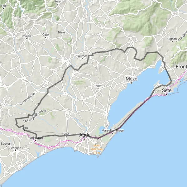 Map miniature of "Cers to Nézignan-l'Évêque Loop" cycling inspiration in Languedoc-Roussillon, France. Generated by Tarmacs.app cycling route planner