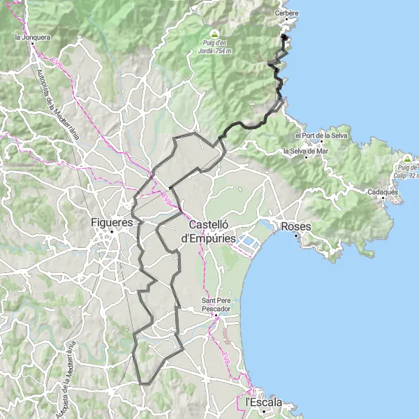 Map miniature of "The Catalan Adventure" cycling inspiration in Languedoc-Roussillon, France. Generated by Tarmacs.app cycling route planner