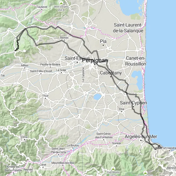 Miniature de la carte de l'inspiration cycliste "La Grande Boucle des Pyrénées-Orientales" dans la Languedoc-Roussillon, France. Générée par le planificateur d'itinéraire cycliste Tarmacs.app