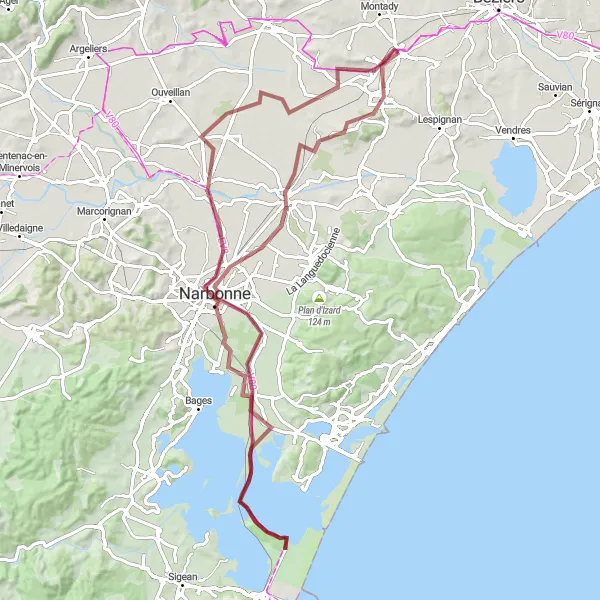 Miniature de la carte de l'inspiration cycliste "Les collines de l'étang" dans la Languedoc-Roussillon, France. Générée par le planificateur d'itinéraire cycliste Tarmacs.app