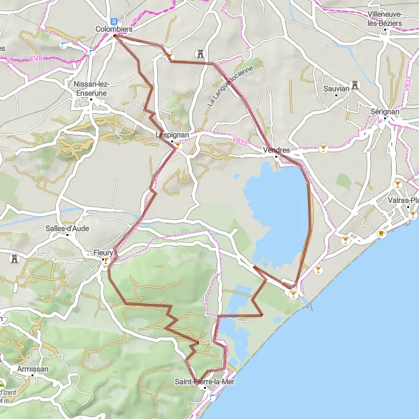 Map miniature of "Discover the Hidden Gems of Colombiers Gravel Routes" cycling inspiration in Languedoc-Roussillon, France. Generated by Tarmacs.app cycling route planner