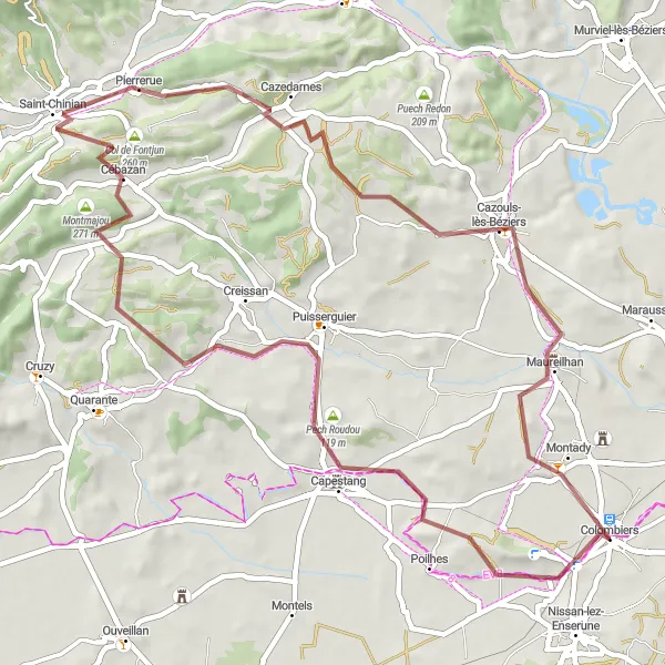 Map miniature of "Venture into the Scenic Gravel Routes of Colombiers" cycling inspiration in Languedoc-Roussillon, France. Generated by Tarmacs.app cycling route planner