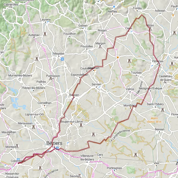 Miniature de la carte de l'inspiration cycliste "Circuit des Écluses et Coteaux" dans la Languedoc-Roussillon, France. Générée par le planificateur d'itinéraire cycliste Tarmacs.app