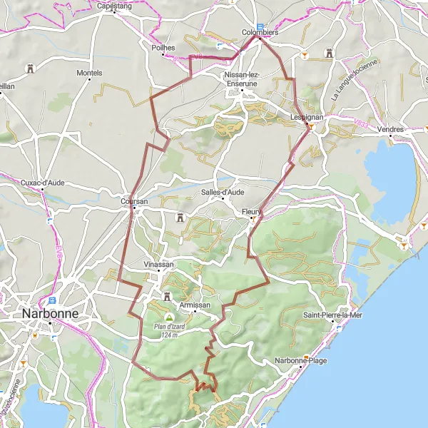 Miniature de la carte de l'inspiration cycliste "Lespignan et L'Esquino de Camel Circuit" dans la Languedoc-Roussillon, France. Générée par le planificateur d'itinéraire cycliste Tarmacs.app