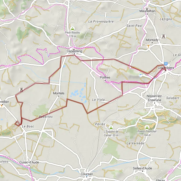 Map miniature of "Capestang-Oppidum d'Ensérune Gravel Loop" cycling inspiration in Languedoc-Roussillon, France. Generated by Tarmacs.app cycling route planner