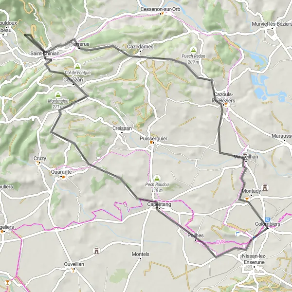 Map miniature of "Discover the Ancient Sites and Scenic Views of Colombiers" cycling inspiration in Languedoc-Roussillon, France. Generated by Tarmacs.app cycling route planner