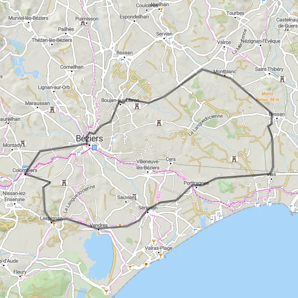 Map miniature of "Discover the Charm and Beauty of Colombiers and its Surroundings" cycling inspiration in Languedoc-Roussillon, France. Generated by Tarmacs.app cycling route planner