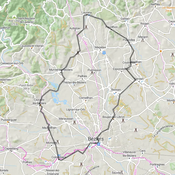 Map miniature of "Colombiers-Pech Blanquet Loop" cycling inspiration in Languedoc-Roussillon, France. Generated by Tarmacs.app cycling route planner