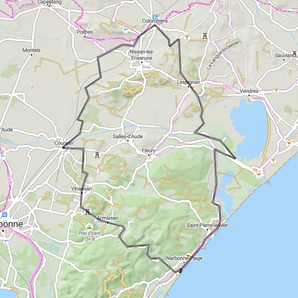 Map miniature of "Lespignan-Vinassan Loop" cycling inspiration in Languedoc-Roussillon, France. Generated by Tarmacs.app cycling route planner