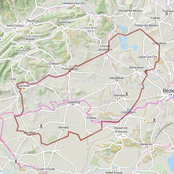 Miniature de la carte de l'inspiration cycliste "Exploration gravel de l'arrière-pays de Béziers" dans la Languedoc-Roussillon, France. Générée par le planificateur d'itinéraire cycliste Tarmacs.app