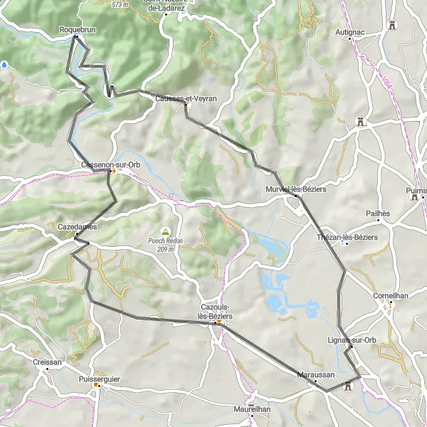Map miniature of "Cazouls-lès-Béziers Loop" cycling inspiration in Languedoc-Roussillon, France. Generated by Tarmacs.app cycling route planner