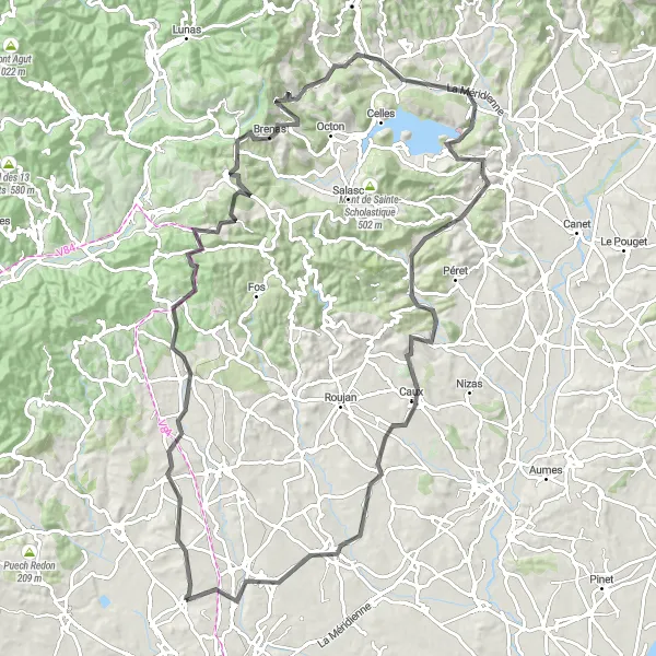 Miniature de la carte de l'inspiration cycliste "Les Vignobles et Collines de Faugères" dans la Languedoc-Roussillon, France. Générée par le planificateur d'itinéraire cycliste Tarmacs.app