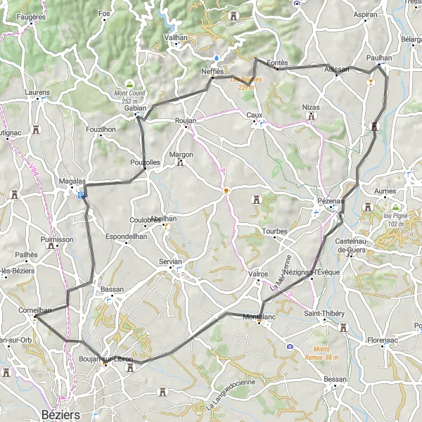 Miniature de la carte de l'inspiration cycliste "Balade autour de Corneilhan" dans la Languedoc-Roussillon, France. Générée par le planificateur d'itinéraire cycliste Tarmacs.app