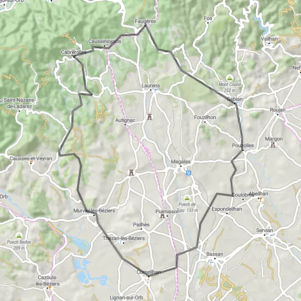 Miniature de la carte de l'inspiration cycliste "Boucle autour de Murviel-lès-Béziers" dans la Languedoc-Roussillon, France. Générée par le planificateur d'itinéraire cycliste Tarmacs.app