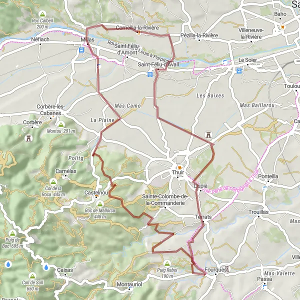 Map miniature of "Gravel Biking Adventure near Corneilla-la-Rivière" cycling inspiration in Languedoc-Roussillon, France. Generated by Tarmacs.app cycling route planner