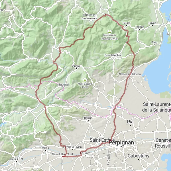 Map miniature of "Discover the Gravel Roads of Empordà" cycling inspiration in Languedoc-Roussillon, France. Generated by Tarmacs.app cycling route planner