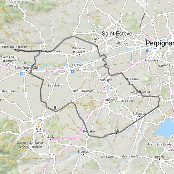 Map miniature of "Pézilla-la-Rivière Loop" cycling inspiration in Languedoc-Roussillon, France. Generated by Tarmacs.app cycling route planner