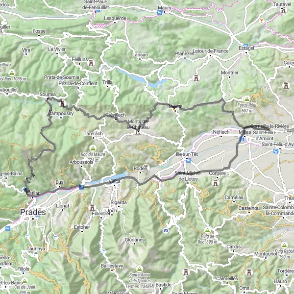 Map miniature of "Road Cycling Adventure: Corneilla-la-Rivière and Surroundings" cycling inspiration in Languedoc-Roussillon, France. Generated by Tarmacs.app cycling route planner
