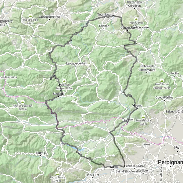 Map miniature of "Mountainous Challenge: Epic Road Cycling Loop near Corneilla-la-Rivière" cycling inspiration in Languedoc-Roussillon, France. Generated by Tarmacs.app cycling route planner