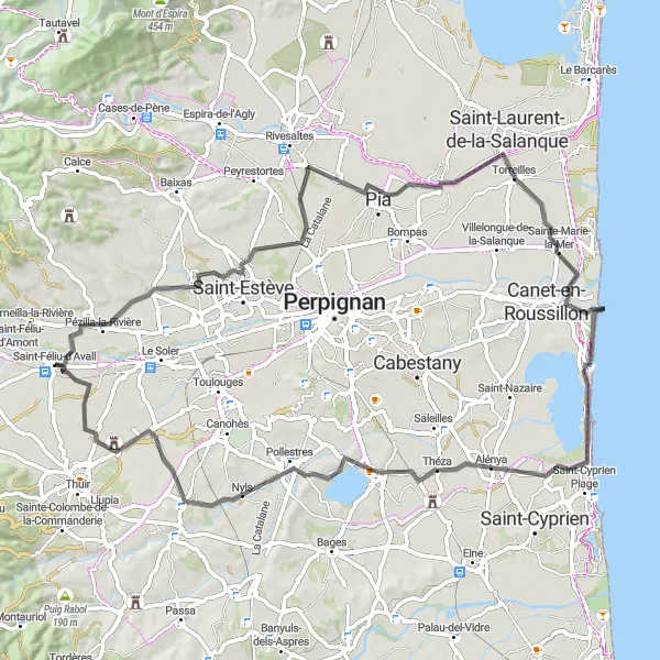 Map miniature of "Scenic Road Cycling Loop around Corneilla-la-Rivière" cycling inspiration in Languedoc-Roussillon, France. Generated by Tarmacs.app cycling route planner