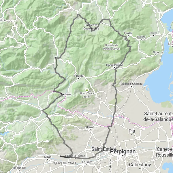 Map miniature of "Challenging Road Cycling Loop: Corneilla-la-Rivière and Beyond" cycling inspiration in Languedoc-Roussillon, France. Generated by Tarmacs.app cycling route planner