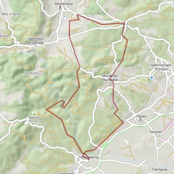 Map miniature of "Gravel Adventure to Cournonterral" cycling inspiration in Languedoc-Roussillon, France. Generated by Tarmacs.app cycling route planner
