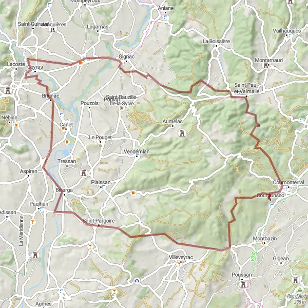 Map miniature of "Epic Gravel Journey: From Cournonsec to Saint-Paul-et-Valmalle" cycling inspiration in Languedoc-Roussillon, France. Generated by Tarmacs.app cycling route planner