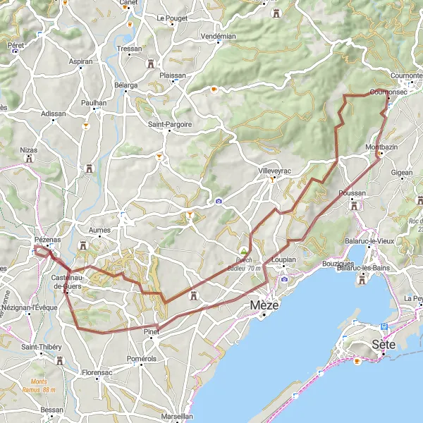 Map miniature of "Challenging Gravel Adventure: Puech Redon Loop" cycling inspiration in Languedoc-Roussillon, France. Generated by Tarmacs.app cycling route planner