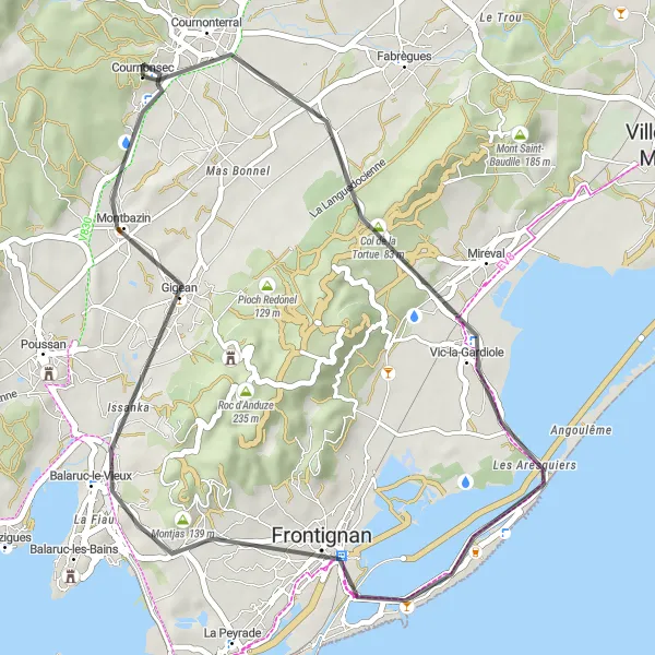 Map miniature of "Scenic Road Cycling: Cournonterral Loop" cycling inspiration in Languedoc-Roussillon, France. Generated by Tarmacs.app cycling route planner