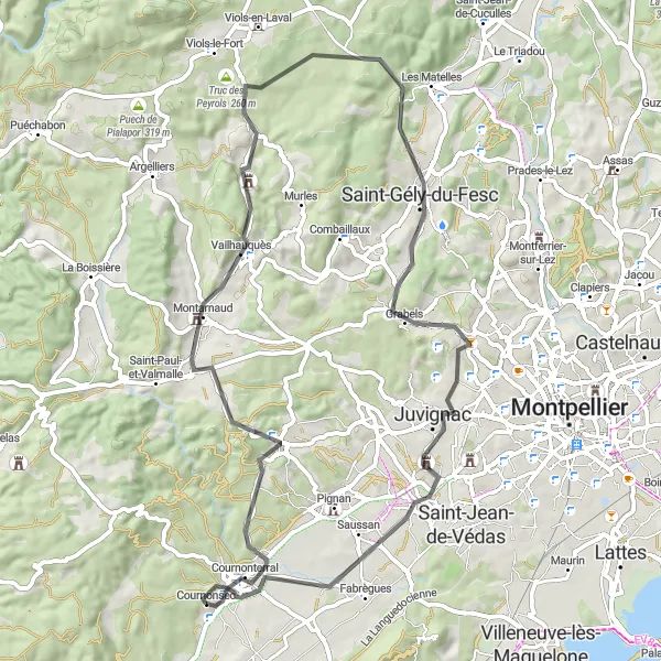 Map miniature of "Hills and Villages: Murviel-lès-Montpellier Circuit" cycling inspiration in Languedoc-Roussillon, France. Generated by Tarmacs.app cycling route planner
