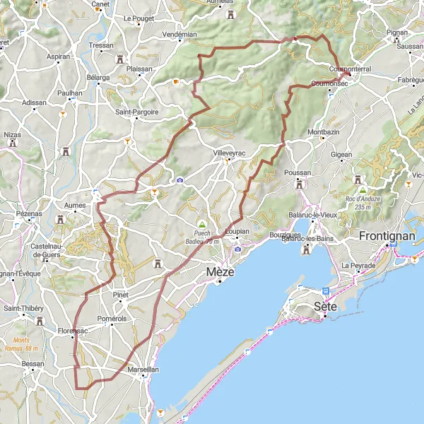 Miniature de la carte de l'inspiration cycliste "Cournonterral Gravel Adventure" dans la Languedoc-Roussillon, France. Générée par le planificateur d'itinéraire cycliste Tarmacs.app